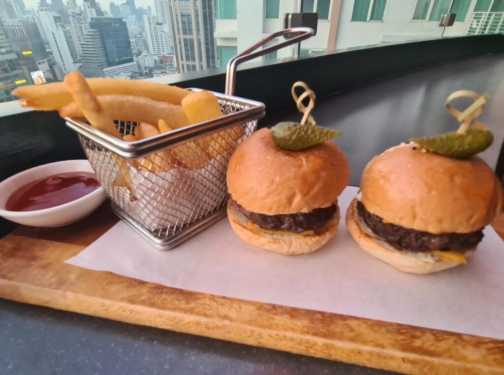 Mini-burgers snacks at Aire Rooftop Bar Bangkok