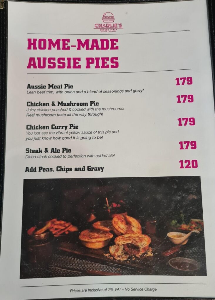 Pie Food Menu at The Lost Aussie Sports Bar Bangkok